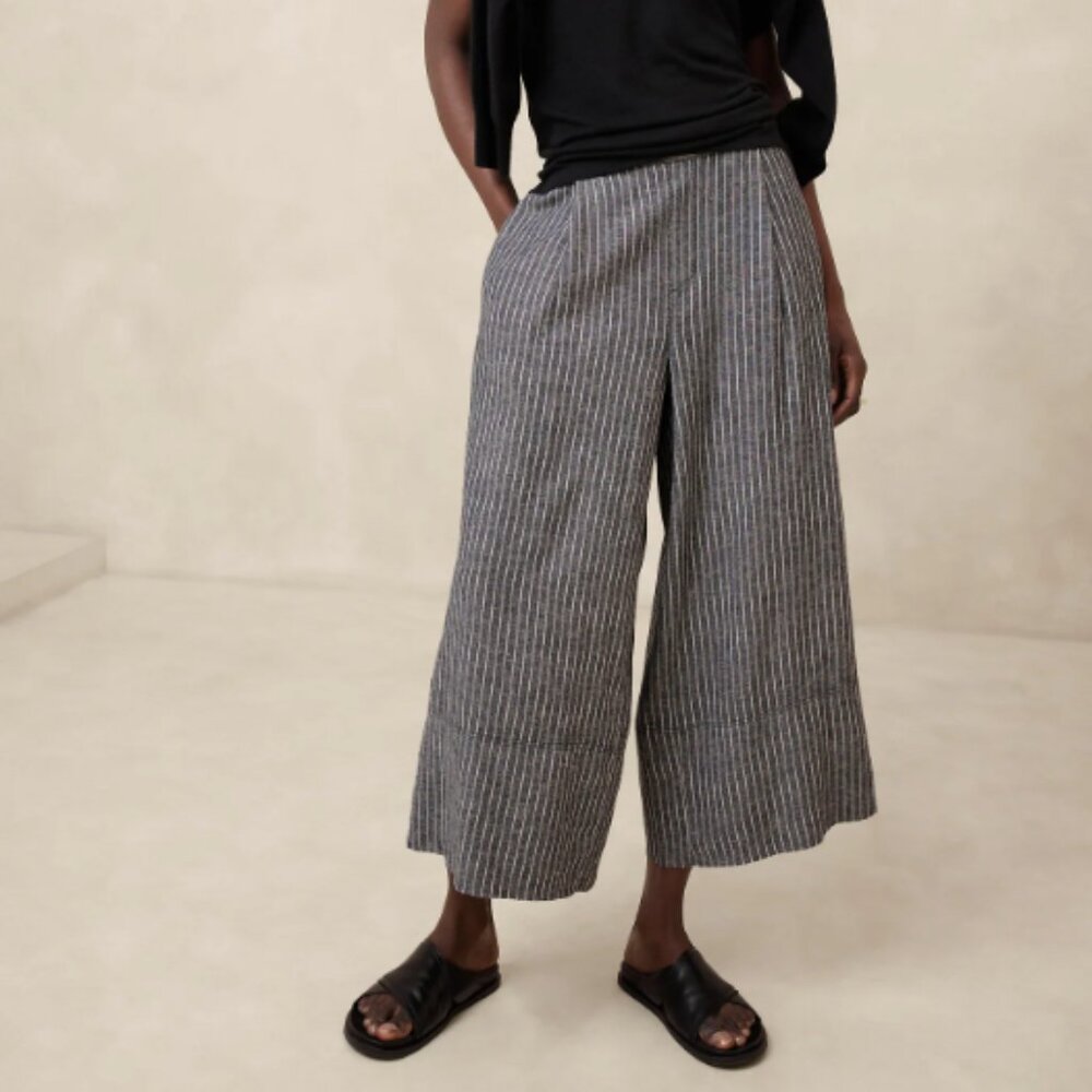 NWT Linen-Blend Easy Wide-Leg Cropped Pant in Black Stripe